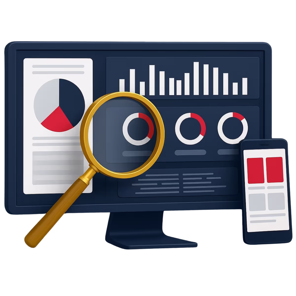 Illustration d’un écran et d’un smartphone montrant des graphiques de performance numérique