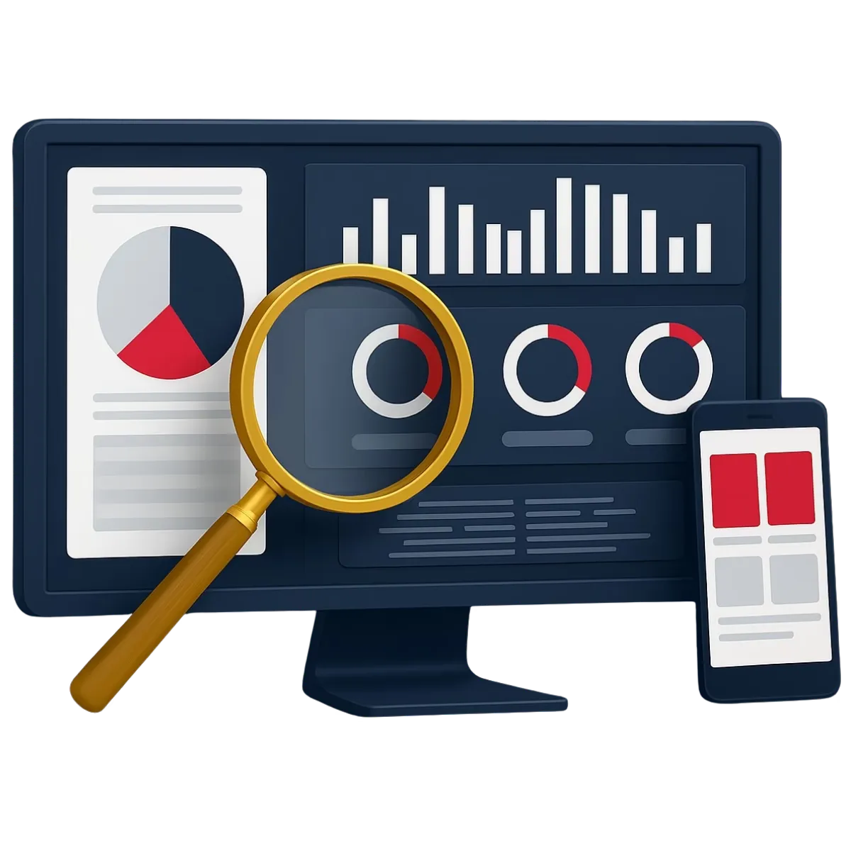 Illustration d’un écran et d’un smartphone montrant des graphiques de performance numérique